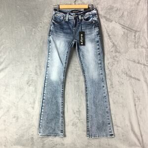 New Miss Me Fleur Boot Women's Denim Jeans Sz 26/2 L31 Stitched Rhinestone Rock